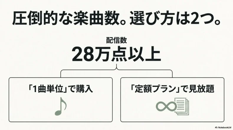 28万点以上の楽譜から1曲購入または定額プランを選べることを示す図