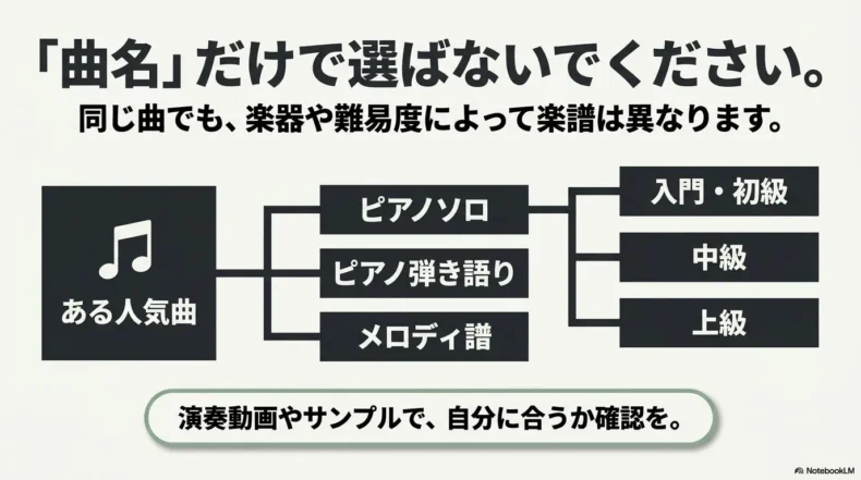 同じ曲でもピアノソロや弾き語り、メロディ譜、初級から上級で内容が異なることを示す図