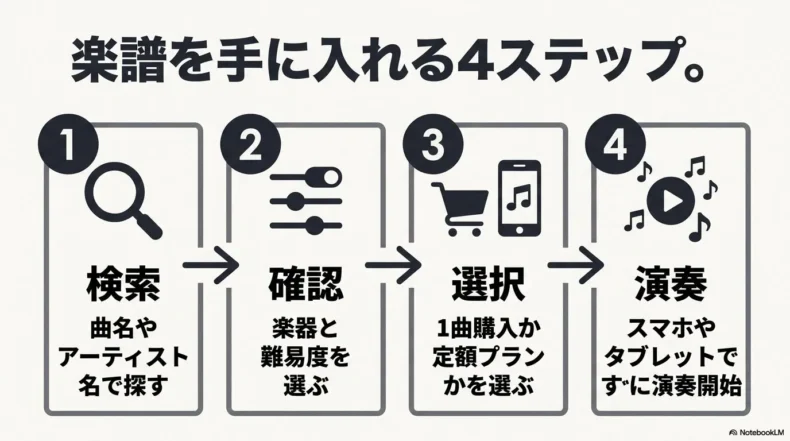 曲の検索、楽器と難易度の確認、購入方法の選択、演奏開始までの4ステップ