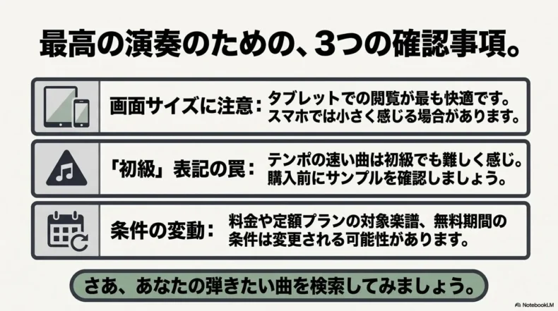 画面サイズ、楽譜の難易度、料金や無料期間の変更に注意することをまとめた画像