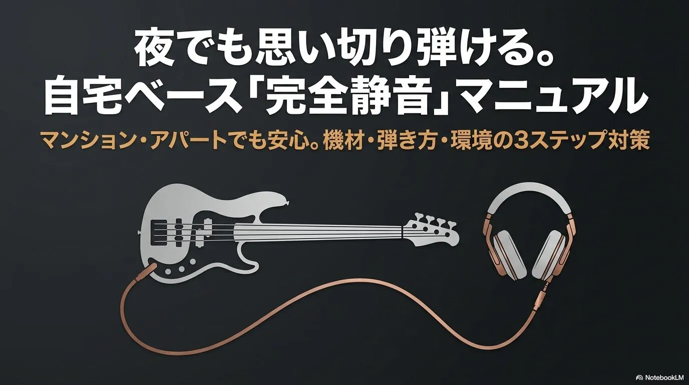 夜間でも安心してエレキベースを練習するための静音対策をまとめたイメージ