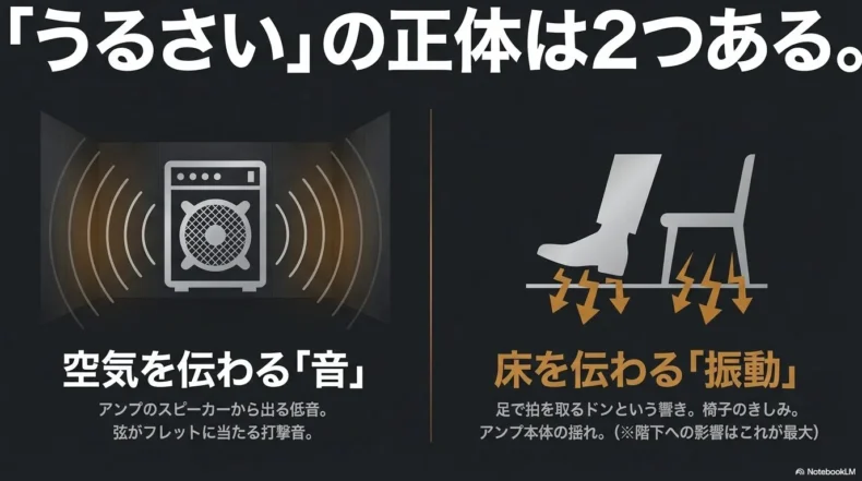 空気を伝わる音と床を伝わる振動の違いを図で解説したイラスト