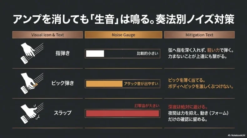 指弾き・ピック弾き・スラップの生音の違いと静音対策を比較した図