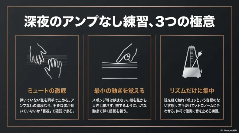 ミュート練習、小さな動き、リズム練習の3つを紹介した図