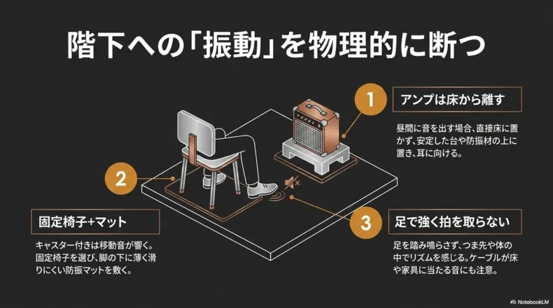 アンプの置き方や椅子、足元の振動対策を図解したイラスト