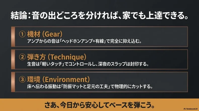 自宅で静かにベースを練習するための重要ポイントを整理したまとめ図