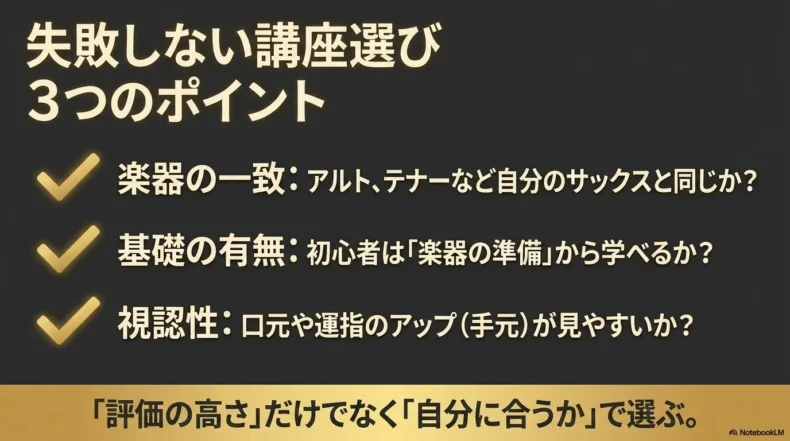 使用するサックスの種類、初心者向け基礎、口元や運指の見やすさを確認する講座選びのポイント