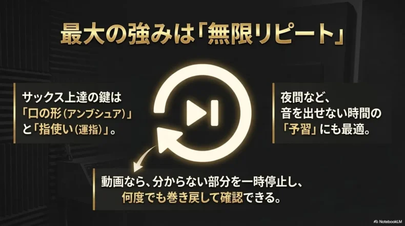 サックスの口の形や指使いを動画の一時停止と巻き戻しで繰り返し確認できるメリット