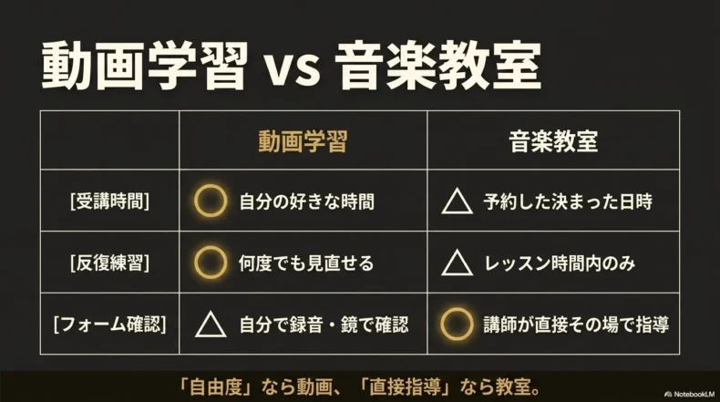受講時間、繰り返し学習、演奏フォームの確認方法から動画学習とサックス教室を比較した表