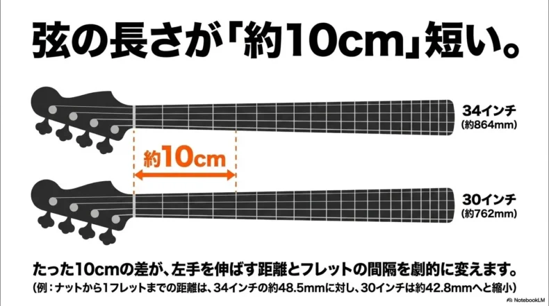 34インチ約864mmと30インチ約762mmのベース指板を並べ、約10cm短い差を示す図