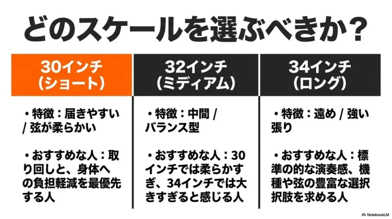 30インチショート、32インチミディアム、34インチロングの特徴とおすすめの人を比べた表