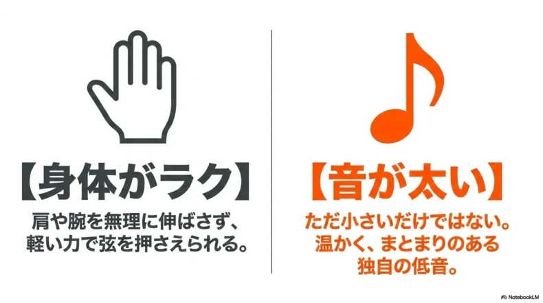 手のアイコンと音符で、身体がラクで温かくまとまりのある低音が出る特徴を示す図