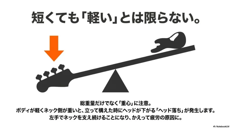 ベースのヘッド側が重いと下がるヘッド落ちを、シーソーと重りで示す図