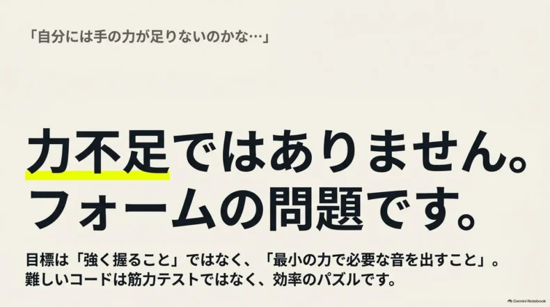 難しいコードは力不足ではなくフォームの問題で、最小の力で必要な音を出すことが目標だと示す内容