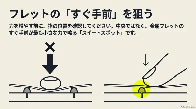 フレット中央ではなく金属フレットのすぐ手前を押さえると、小さな力で弦を鳴らしやすいことを示す比較