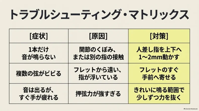 鳴らない弦やビビり、手の疲れという症状ごとに原因と最初に試す対策を整理した一覧表