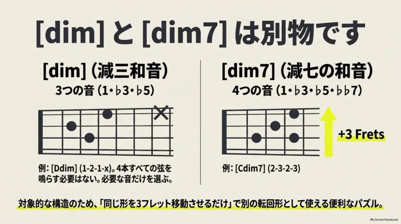 dimの1・♭3・♭5とdim7の1・♭3・♭5・♭♭7を比較し、dim7を3フレット移動できることを示す