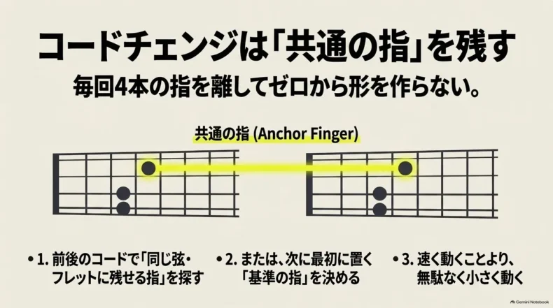 コードチェンジで共通の指を残し、基準の指を決めて無駄なく小さく動かす考え方を示すコード図