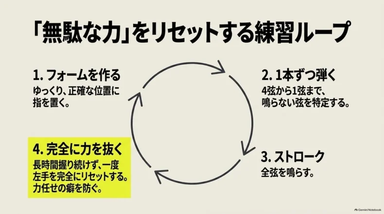 フォームを作る、1本ずつ弾く、全弦を鳴らす、完全に力を抜くという4段階の練習ループ
