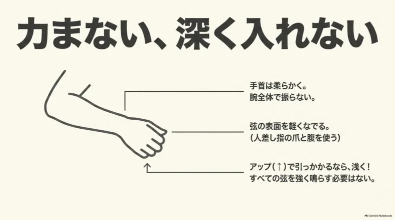 手首を柔らかく使い、弦の表面を人差し指の爪と腹で軽くなで、アップは浅く弾くポイント