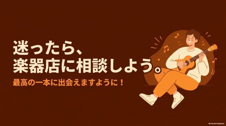 迷ったら楽器店に相談し、最高の一本に出会おうと勧めるウクレレ演奏者のイラスト
