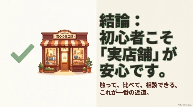 初心者は実店舗が安心で、触って比べて相談できることが近道だと示した店舗イラスト