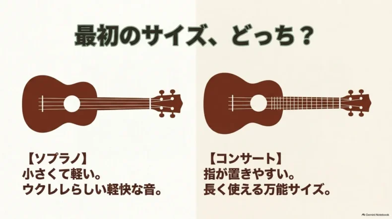 ソプラノは小さく軽く、コンサートは指を置きやすく長く使えると比較したウクレレ