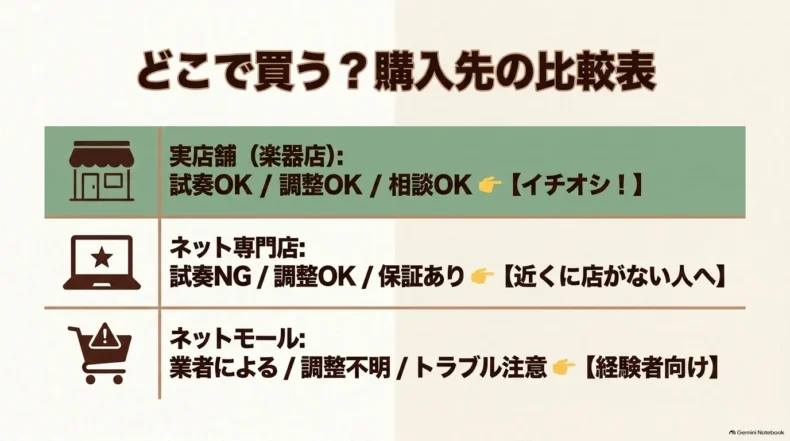 実店舗・ネット専門店・ネットモールを試奏、調整、保証、相談の違いで比較した表