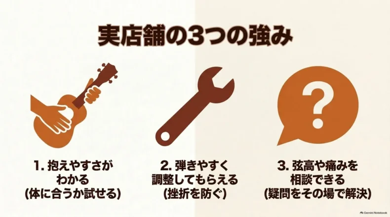 実店舗では抱えやすさを試せ、調整を依頼でき、弦高や痛みを相談できる3つの強み