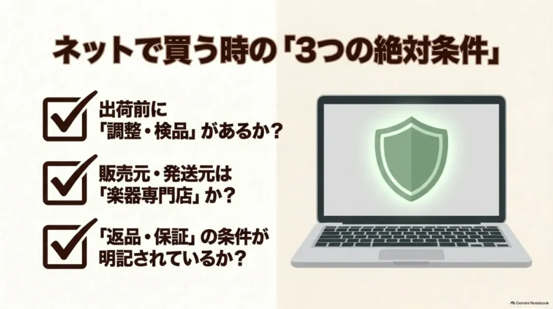 ネット購入では出荷前の調整・検品、楽器専門店の販売発送、返品・保証の明記を確認する3条件