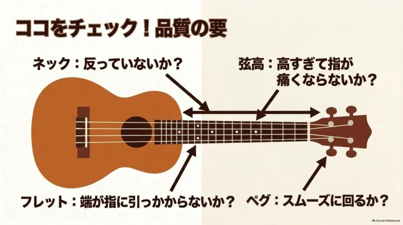 ネックの反り、弦高、フレット端、ペグの動きを確認するウクレレ品質チェック