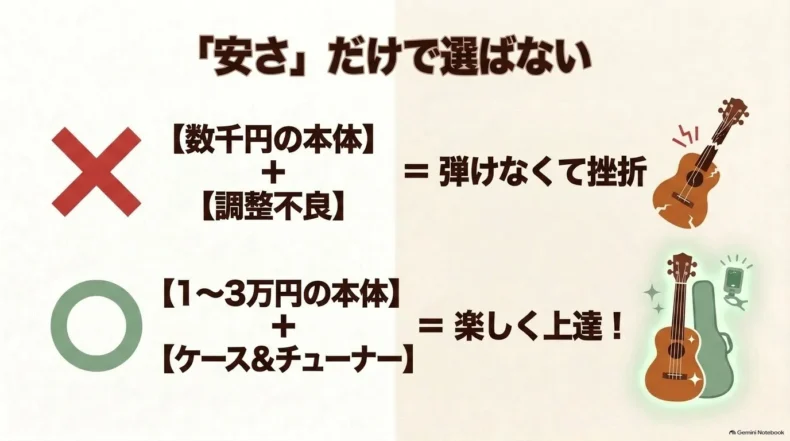 数千円の本体と調整不良は避け、1〜3万円の本体とケース・チューナーを選ぶ考え方