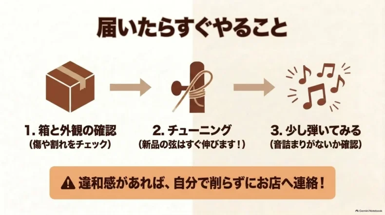 到着後は箱と外観を確認し、チューニング後に少し弾いて音詰まりを確認する3手順