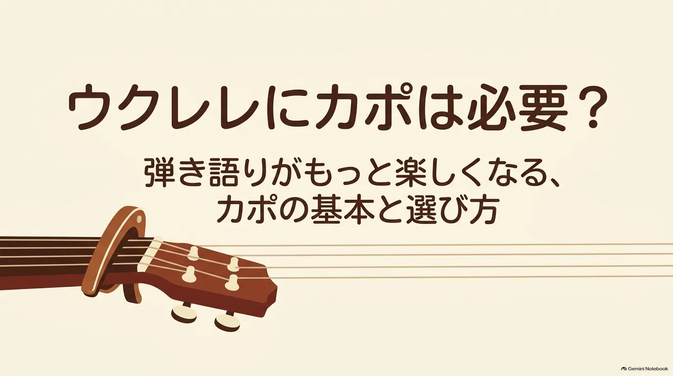 「ウクレレにカポは必要？」の見出しと、カポを装着したウクレレ、カポの基本と選び方という説明