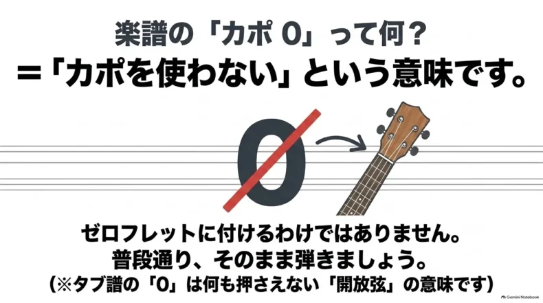 楽譜のカポ0はカポを使わず通常どおり弾く意味で、ゼロフレットへ取り付ける指示ではないという説明