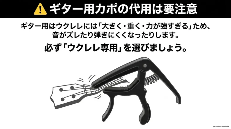 ギター用カポはウクレレには大きく重く力が強すぎるため、ウクレレ専用カポを選ぶよう注意を示す説明