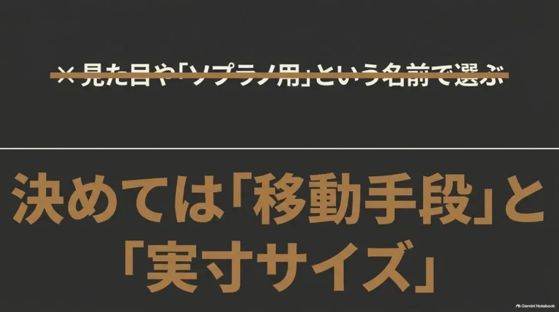 見た目や「ソプラノ用」という名称ではなく、移動手段と実寸サイズでケースを選ぶという結論