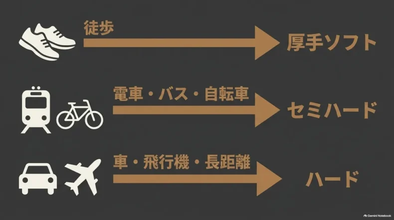 徒歩は厚手ソフト、電車・バス・自転車はセミハード、車・飛行機・長距離はハードという対応