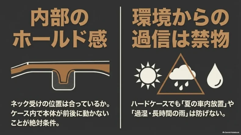 ケース内部のネック受けと本体の固定を確認し、高温・過湿・長時間の雨を避ける注意点