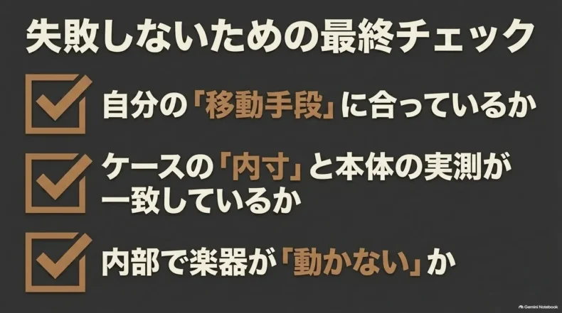 移動手段への適合、ケース内寸と本体実測の一致、内部で楽器が動かないことを確認する最終項目