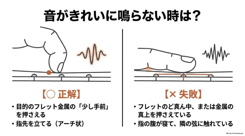 フレット金属の少し手前を指先で押さえる正しい例と、指を寝かせる失敗例の比較