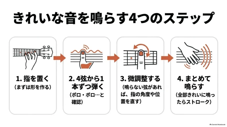 指を置き1本ずつ弦を鳴らし、位置を微調整して最後にストロークする4手順