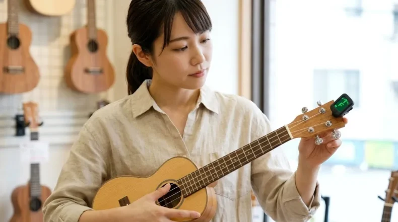 店内でクリップチューナーを確認しながら、ウクレレのペグを回して操作感を試す女性