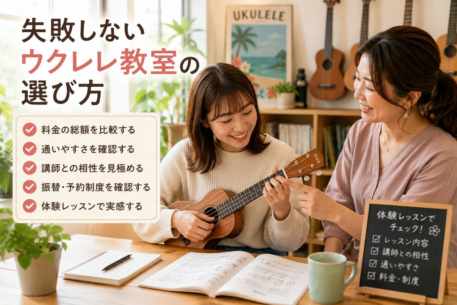 講師と受講者がウクレレを囲み、料金や通いやすさ、振替制度など教室選びの要点を確認する様子