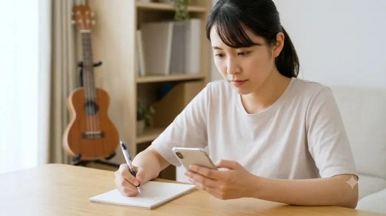 スマートフォンで教室情報を調べながら、通学条件や比較項目をノートへ書き留める女性