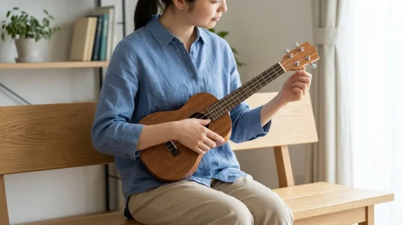 明るい室内でウクレレを構え、音を確かめながらペグを回してチューニングする女性