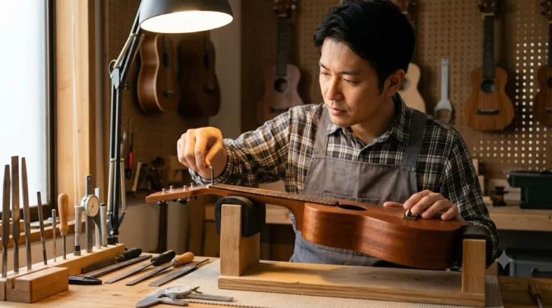 修理工房の作業台で専用工具を使い、ウクレレのネックや弦高を点検する技術者