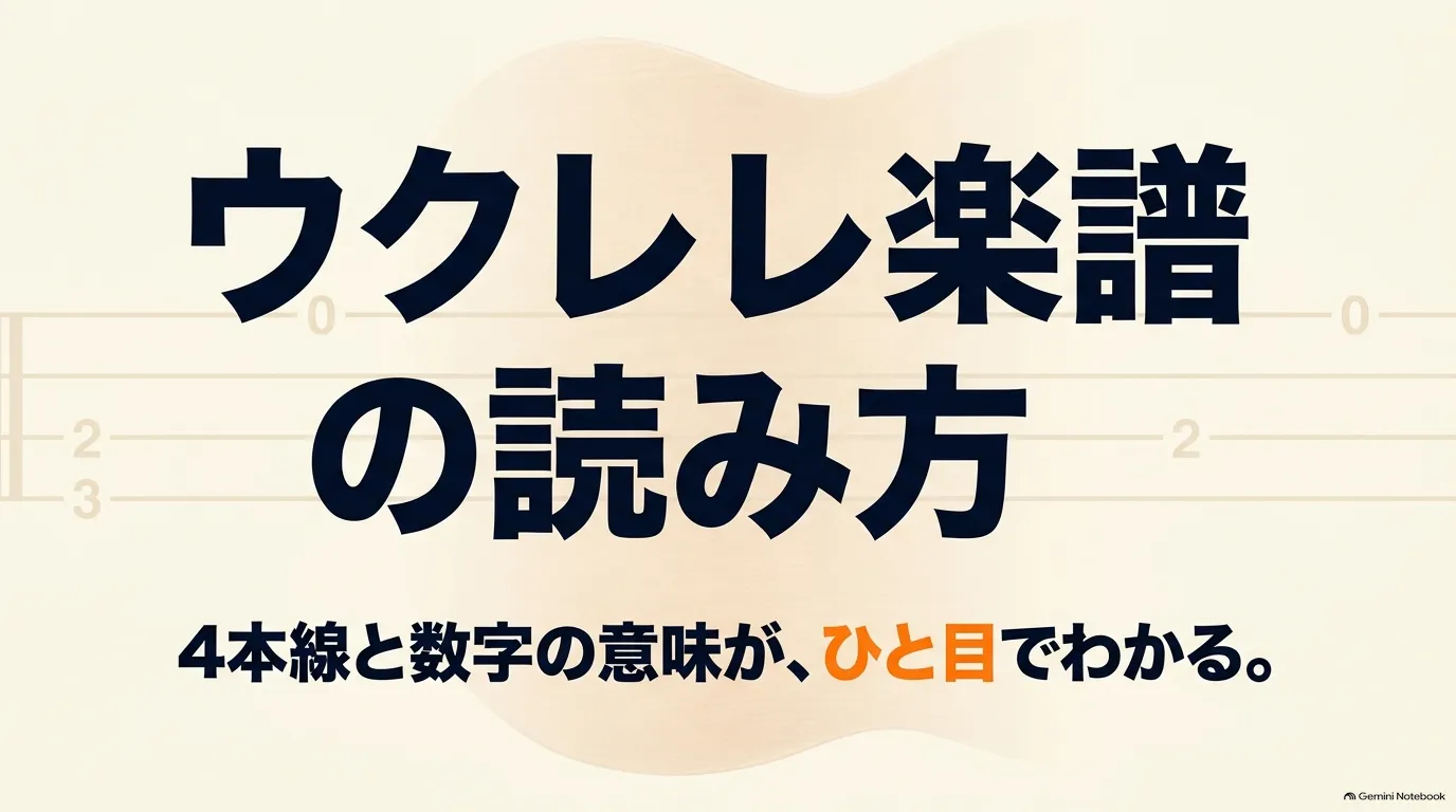 「ウクレレ楽譜の読み方」のタイトルと、4本線と数字の意味がひと目でわかることを示した表紙
