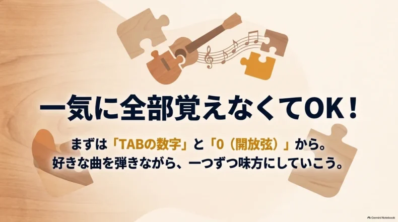 ウクレレ楽譜は一気に覚えず、まずTABの数字と0の開放弦から一つずつ覚えることを示したまとめ