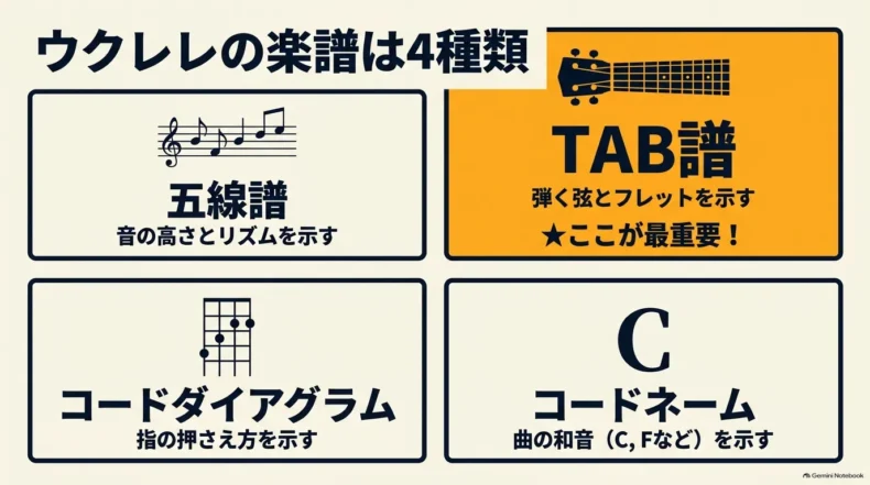 五線譜・TAB譜・コードダイアグラム・コードネームの4種類と、それぞれが示す内容を比較した一覧